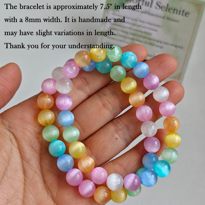 Handmade Natural Gemstone Elastic Bracelet - Healing Crystal Beads Jewelry, Unisex (Colourful Selenite, 8mm)