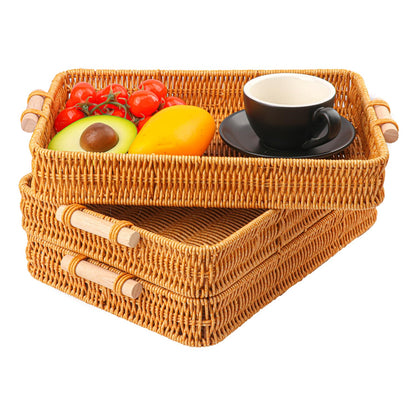 Geytetqi 3 Pack 13.8 x 9.8 inch Rectangle Rattan Tray, Rectangle Woven Serving Basket with Handles, Storage Rattan Serving Trays for Home, Restaurant & Hotel Use, Durable & Easy-Cleaning