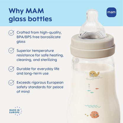 MAM 9oz Premium Glass Wide Neck Baby Bottle with Medium Flow Breastfeeding-Like Silicone Nipple, Easy to Clean, BPA Free, 2+ Months, Easy Switch Between Breast and Bottle, Made in Europe, 3 Pack