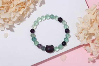 XIANNVXI Fluorite Bracelet for Women - Cute Cat Lover Gift - Natural Crystal Stretch Bracelet - 8mm Beaded Jewelry