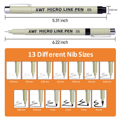 XWT 12+1 Fineliner Drawing Art Pens, Black Waterproof Pigment Ink Set for Artists, Sketching, Manga, Watercolor, Calligraphy, and Detail Outlining Archival Quality Inking Markers