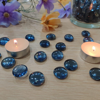 HappyFiller Flat Glass Marbles Grey Blue Gems 1 LB Approx 100 PC Fill 0.3 L Vol.Aquarium Pebbles,Fire Drop Beads,Vase Filler,Art Crafts,Candle Holder Decor Stone