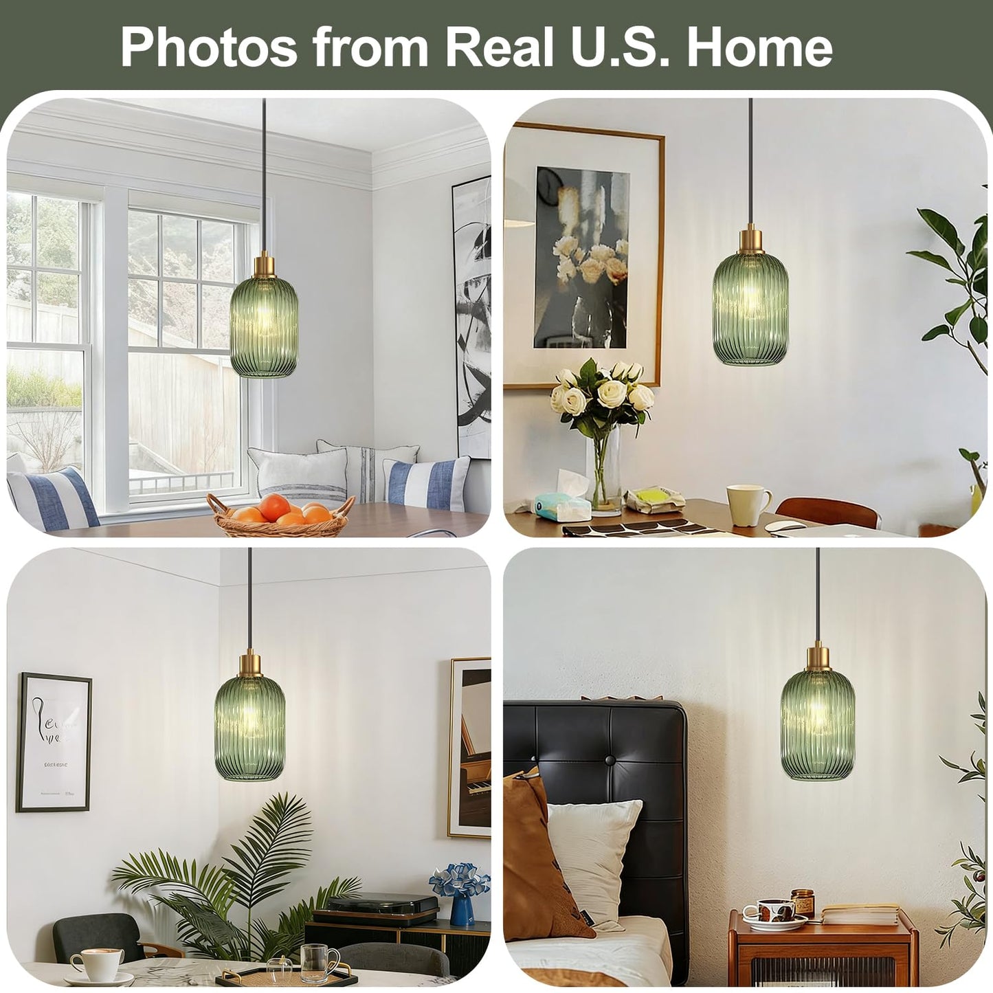 2 Pack Pendant Lights with Vintage Green Ribbed Glass Lampshade, Adjustable Brushed Gold Pendant Lights Fixtures for Kitchen Island Lighting Sink, Dining & Living Room Hallway (Bulbs Not Included)