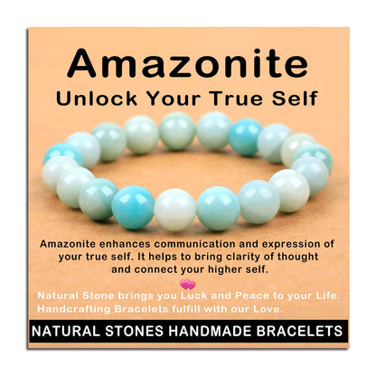 AD Beads Handmade Gemstone Stretch Elastic Bracelet Crystal Healing Reiki Nature's Beauty and Spiritual Essence Unisex (10mm, Amazonite (Unlock Your True Self))