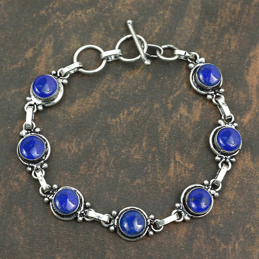 Natural Lapis Lazuli 925 Silver Plated Bracelet for Women - Blue Stone September Birthstone Vintage Style Handmade Gemstone Bracelet - Wedding Christmas Valentine Day Gifts for Her