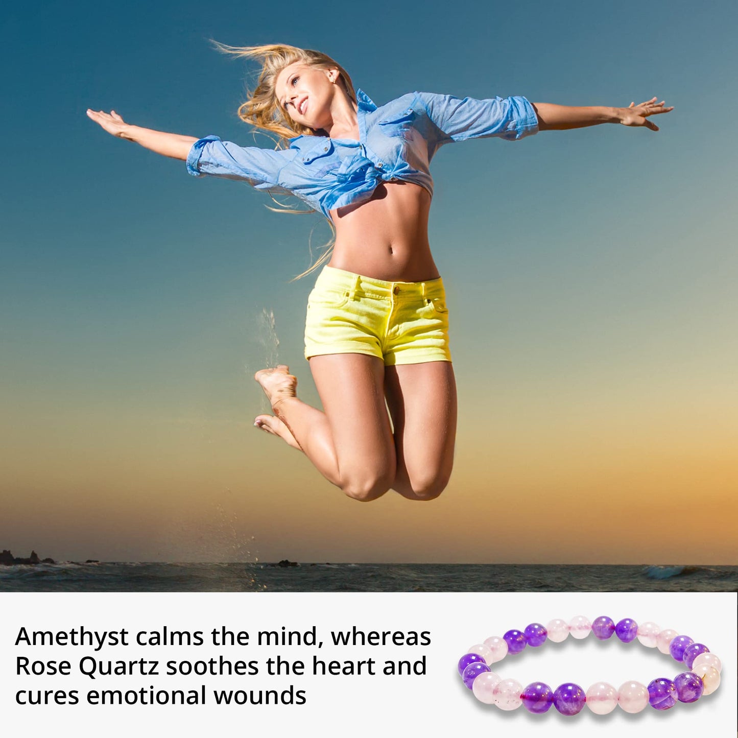 ANAYA AGATE Amethyst, Rose Quartz Bracelet, Natural Healing Crystal Bracelet for Women and Men, 8mm Round Beaded Bracelet for Spiritual, Protection, Positive Energy, Elastic Adjustable Size Gemstone Bead Bracelet