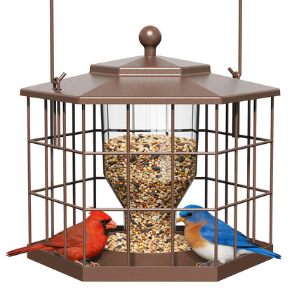 Birdream Squirrel Proof Bird Feeders for Outdoor Hanging, Metal Cage Bird Feeder with Rain Proof Covered for Wildbirds Bluebird Finches, Brown