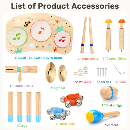 WINGYZ 11-in-1 Toddler Drum Set-Wooden Baby Musical Instruments & Montessori Musical Toys for Toddlers 1-3, Music Table with Bongo Drums, Cymbals, Maracas & Wrist Bells for Early Rhythm Play