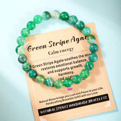 AD Beads 6mm Handmade Green Stripe Agate Elastic Bracelet – Natural Gemstone for Calm energy – Meditation, Yoga, Healing and Energy Gift for Men Women