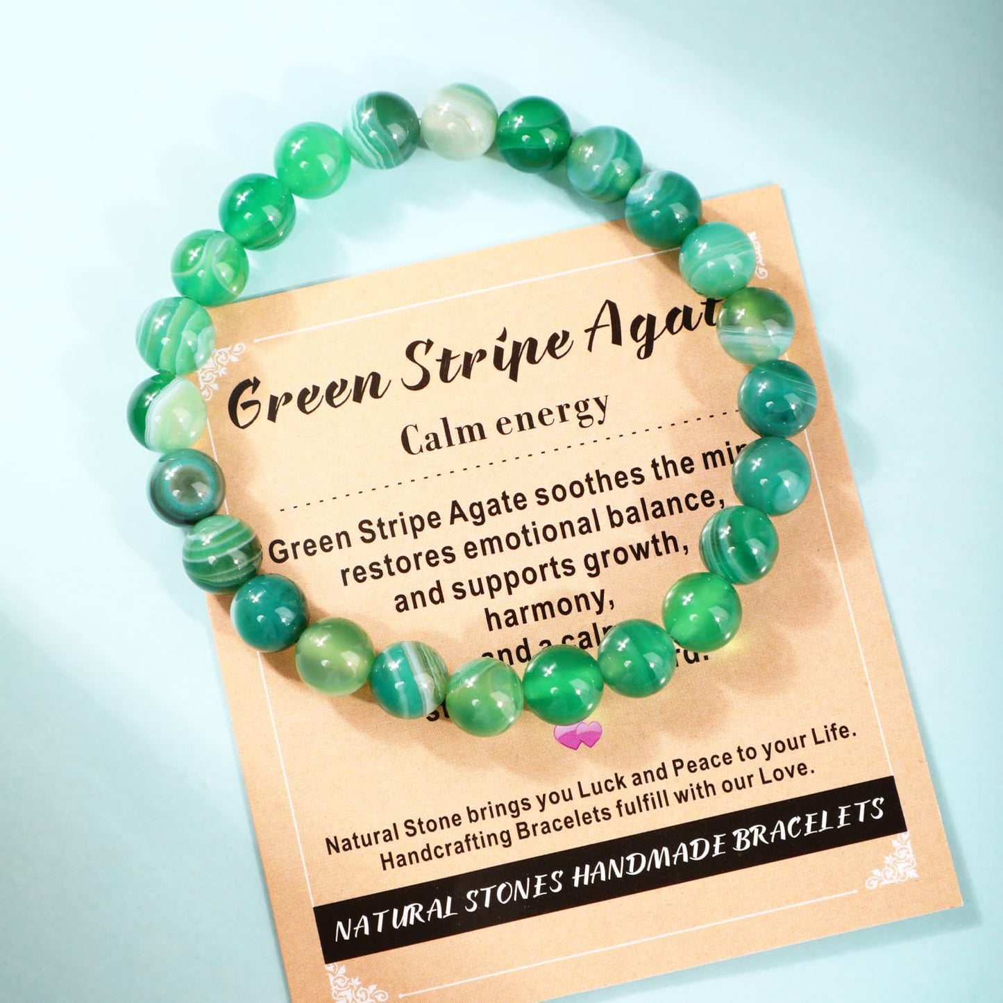 AD Beads 4mm Handmade Green Stripe Agate Elastic Bracelet – Natural Gemstone for Calm energy – Meditation, Yoga, Healing and Energy Gift for Men Women