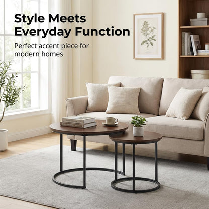 Round Nesting Coffee Table Set of 2, Modern Marble Pattern Wooden Nesting Tables, Stacking Minimalist End Table for Living Room Bedroom Small Space, Wood Brown and Black