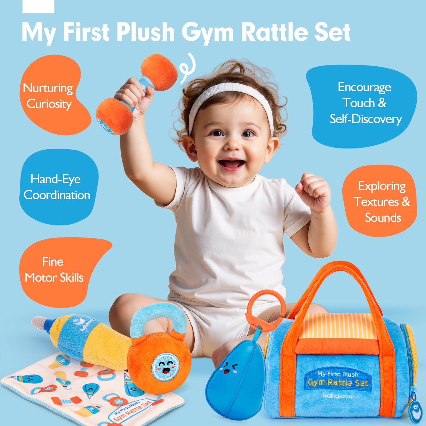 hahaland Baby Toys 6-12 Months - Baby Toys 3-6 Months Montessori Toy for 6 Month Old, Sensory Toy for Babies Workout Weights Dumbbell Toy Set with Soft Rattles Mirror, Easter Gifts for Baby