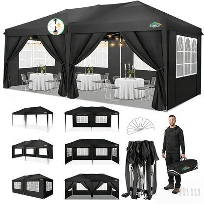COBIZI 10x20 Pop Up Canopy Tent Commercial Instant Shelter with 6 Sidewalls, Durable Waterproof Portable Gazebo UPF 50+ for Outdoor Party, Wedding, Vendor Events (Black)