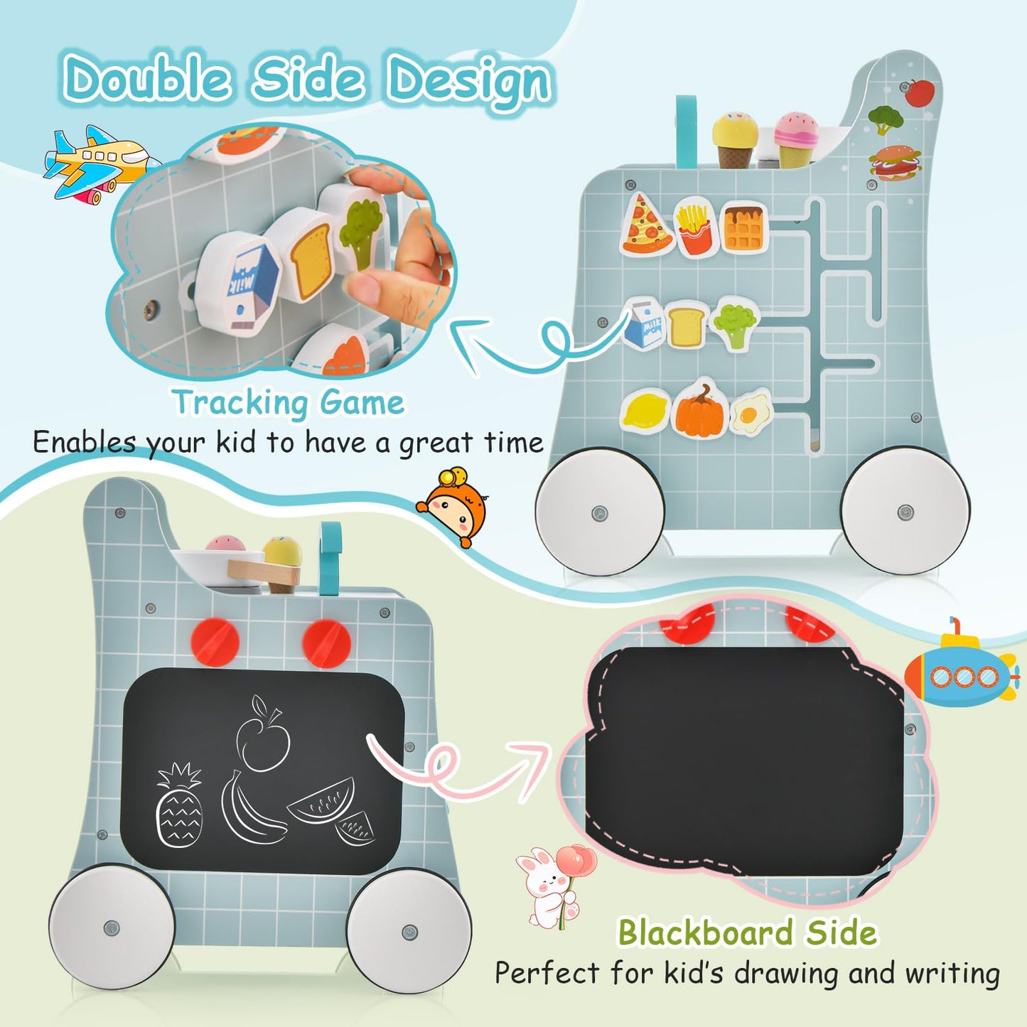 BABY JOY 6 in 1 Wooden Baby Walker, Toddler Pretend Play Kitchen Playset, Push and Pull Sit-to-Stand Learning Walker Activity Center, Montessori Educational Toy, Push Walker for Boys Girls