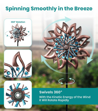 VUFOZ 360° Garden Wind Spinner for Outdoor Yard Art – W13xH64 Kinetic Windmill for Garden, Lawn, and Patio – Dahlia-Inspired Copper and Teal Wind Spinners Outdoor Decorative Yard Art