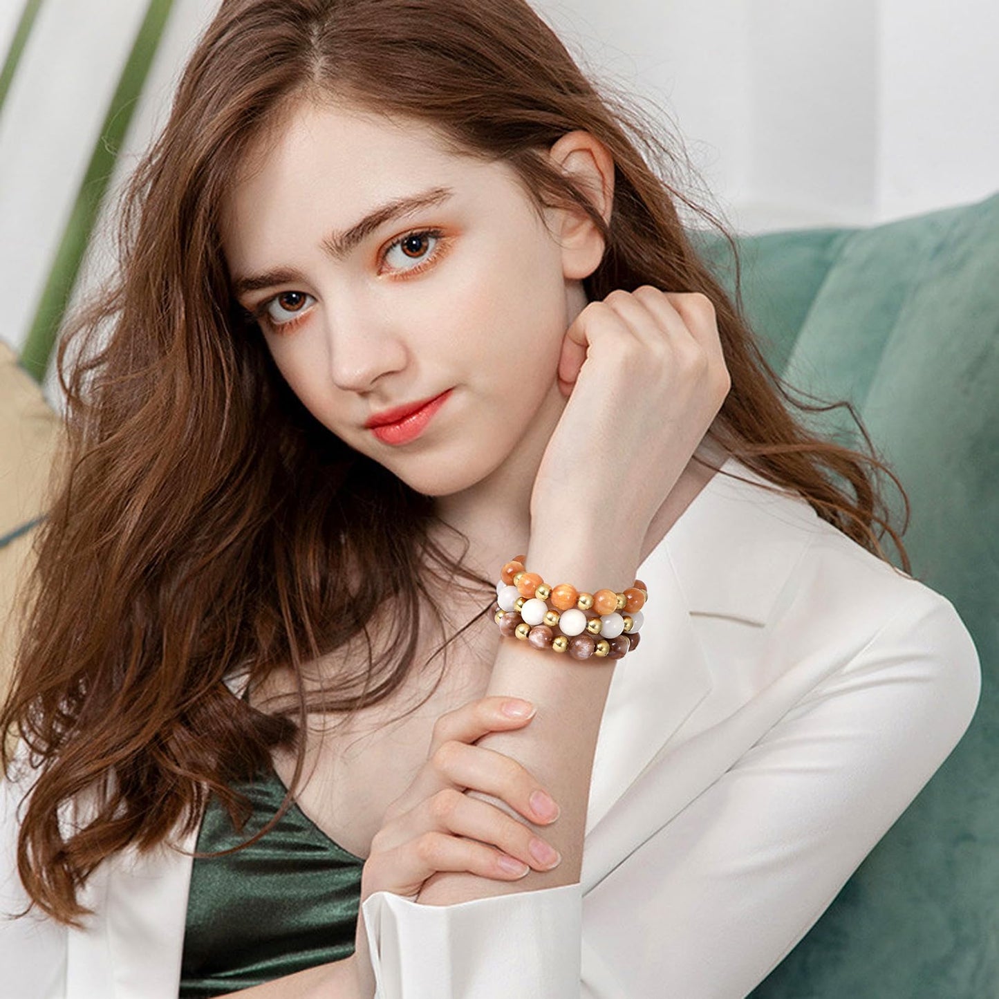 GOOJIDS Brown Beads Gold Plated Heart Beaded Bracelets For Women Dainty Gold Plated Stack Layered Beads Bracelet Gift set for MAMA Birthday Mother's Day