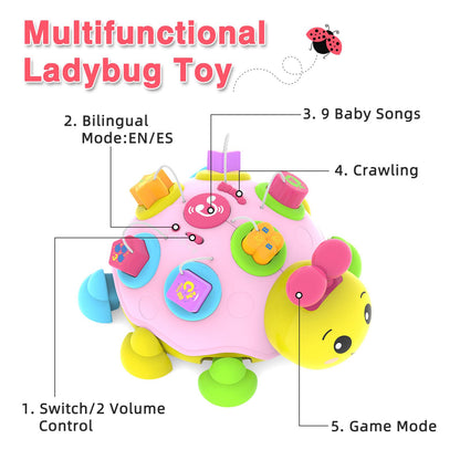 Baby Crawling Toys 6-12 Months,Musical Ladybug Crawling Toy for Infants 0-3-6 7 8 9 10 12-18 Months,Early Education Light Up Music Walking Toys,Shape Matching,Tummy Time Toys for Boy Girl Gift.(Pink)
