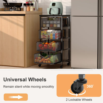 4-Tier Fruit Vegetable Storage Cart - Kitchen Organizer and Storage Cart with Wheels, Wooden Top Metal Wire Fruit Vegetable Rack Stand with Drawers to Storage Cans Snacks for Kitchen(Patent Pending)
