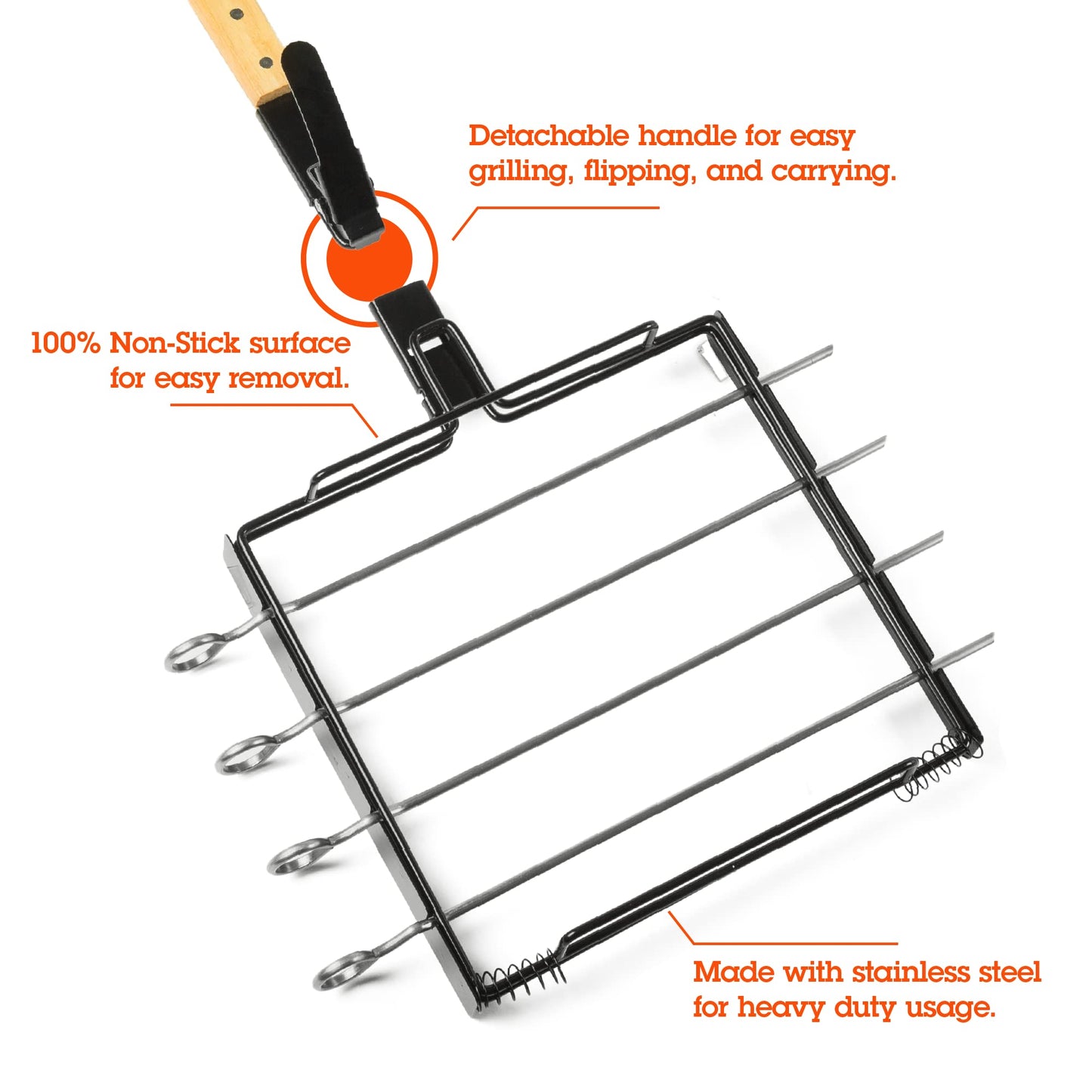 Camerons BBQ Skewer Rack Set - Includes Detachable Handle & 4 Non-Stick Stainless Steel Skewers for Grilling Barbecue Shish Kabobs, Meat, Vegetables & More - Grilling & Cookout Essential