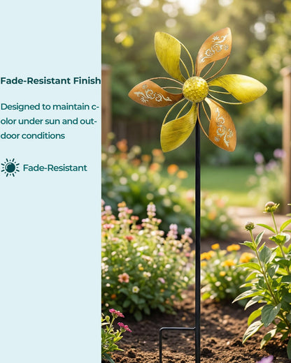 Gronhof 37" Metal Wind Spinner for Yard & Garden, 10" Kinetic Outdoor Garden Spinner, Rust-Resistant Decorative Yard Art (Gold Ornate Laser-Cut Floral)