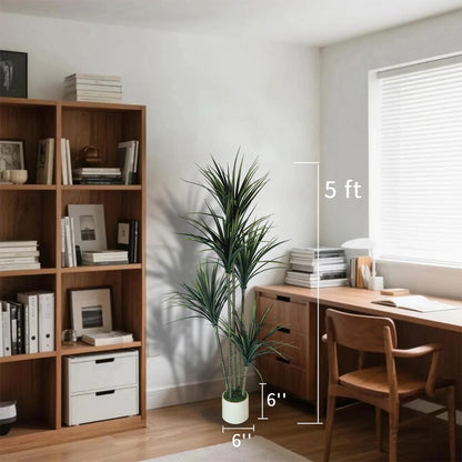 5FT Artificial Dracaena Tree: Realistic Fake Plant with White Planter - Lifelike Silk Floor Plant for Living Room Home Office Decor - Low Maintenance Indoor Tree