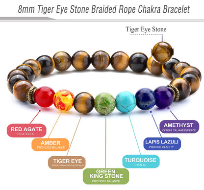 Hamoery Men Women 8mm Lava Rock 7 Chakra Beads Chakra Bracelet Braided Rope Natural Stone Yoga Bracelet Bangle