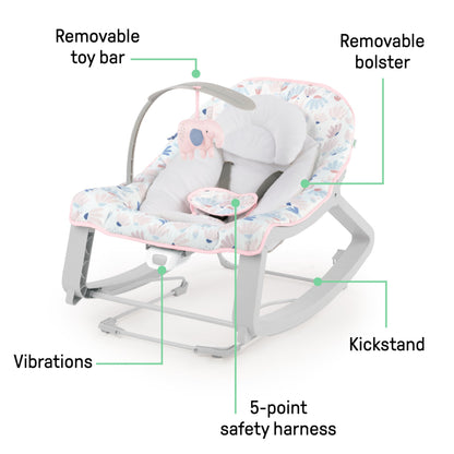Ingenuity Keep Cozy 3-in-1 Grow with Me Vibrating Baby Bouncer Seat & Infant to Toddler Rocker, Vibrations & -Toy Bar, 0-30 Months Up to 40 lbs (Pink Burst)