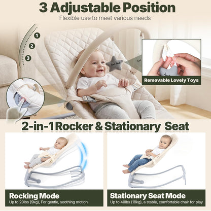 Orzbow Electric Baby Bouncer & Rocker with Innovative Auto Rocking Motion, Adaptable 3-Speed, Smart Tap Sensing, Soothing Sounds, and 3 Recline Positions, 2-in-1 Automatic Baby Rocker Chair, Beige