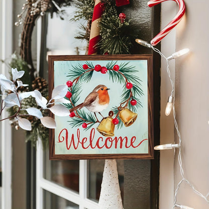 Welcome Sign Decorative Wooden Framed Sign Christmas Decor Sign Winter Robin and Berries Wall Art for Christmas, Entryway, Home 8x8 Inch