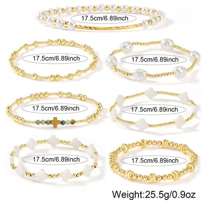 SHINUS BOHO 14K Gold White Beaded Clover Pearl Fall Bracelet Stack for Women,7PCS Bohemian Cross Beads Stretch Stackable Bracelets Set Fashion Holiday Birthday Prom Jewelry Accessories Gift Friendship Sister