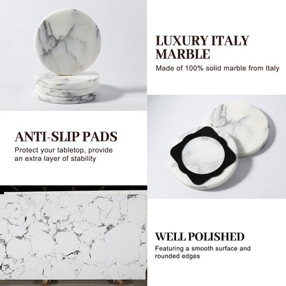 Koville Marble Coaster Set of 4, Round Coasters, 4" Stone Coaster for Drinks Coffee, Marble Coasters for Coffee Table Home Bar Decor, Heat Resistant, Gift Choice(Arabescato)