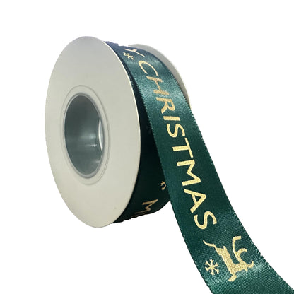 25 Yard Merry Christmas Ribbon,Christmas Ribbon 1 Inch Forest Green