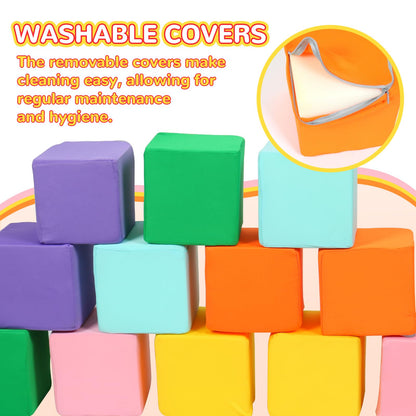 Foam Blocks for Toddlers, 12 PCS Soft Building Blocks for Kids, Large Foam Cubes Colourful Stacking Block Sets - Throw & Play Toys with Washable Cover(Pink, Light Blue, Yellow, Orange, Green, Purple)