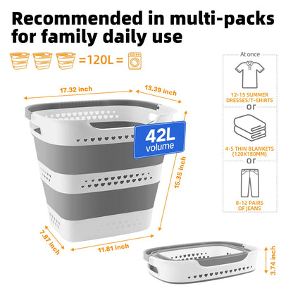 42L Medium Collapsible Plastic Laundry Basket with Handles, Foldable Laundry Basket Hamper, Pop Up Storage Container Organizer for Washing Storage (Gery, 17 Inch * 13 Inch * 15 Inch)