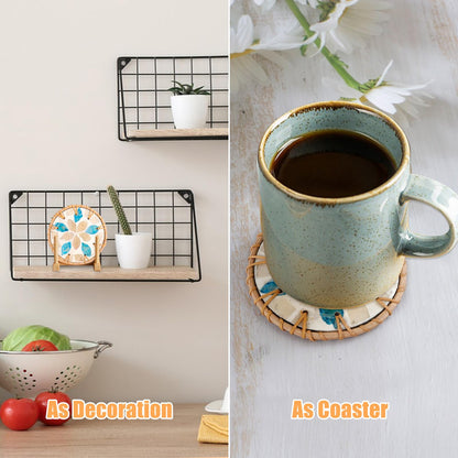 HAIJSEVR Coasters Set of 6, Boho Rattan and Mother of Pearl Unique Drink Coasters for Coffee Table, Ideas Handmade Aesthetic Home Wall Decor House Warming Gift for New Home