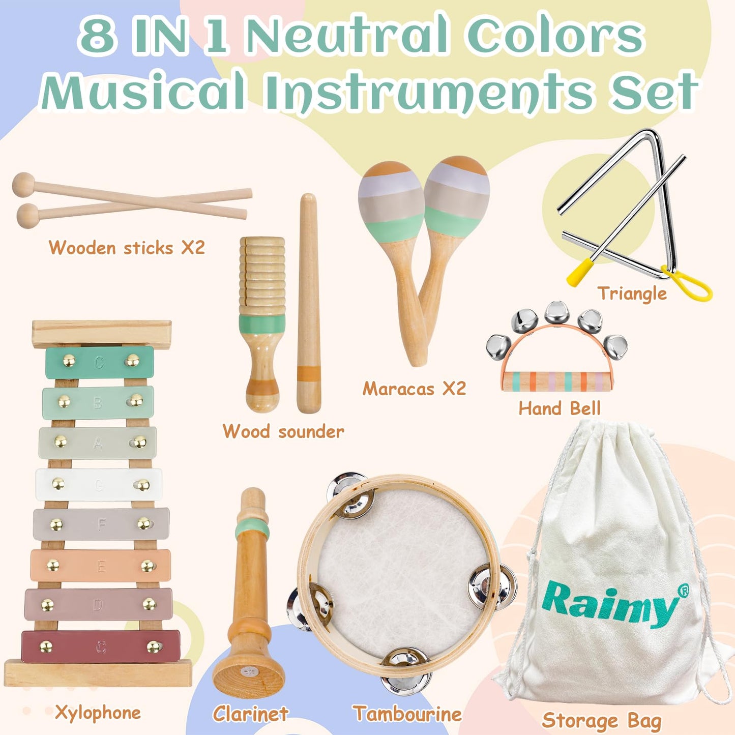 Raimy Kids Musical Instruments Set - Neutral Colors Wooden Montessori Toys Percussion Music Modern Boho Xylophone Birthday Gifts for 1 2 3 Year Old Baby Toddlers Boys Girls 3+ with Storage Bag
