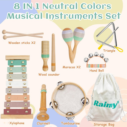 Raimy Kids Musical Instruments Set - Neutral Colors Wooden Montessori Toys Percussion Music Modern Boho Xylophone Birthday Gifts for 1 2 3 Year Old Baby Toddlers Boys Girls 3+ with Storage Bag