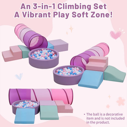 Hoohtoot Foam Climbing Toy for Toddler：with 4-Piece PU Leather Climbing Blocks, a Baby Ball Pit and Play Tunnel - Climb and Crawl Soft Play Set - Kids Crawling Obstacle Course Indoor Jungle Gym