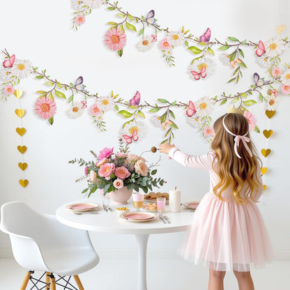 SUNBEAUTY 2Pcs Butterfly Daisy Garland Banner Reusable Waterproof Wildflower Garland 13ft for Enchanted Garden Woodland Birthday Baby Shower Bloom Tea Party Wedding Mother's Day Backdrop Decorations