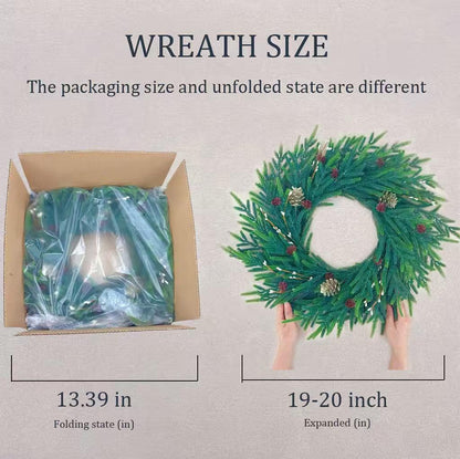 20 Inch Christmas Wreath for Front Door, Artificial Realistic Green Pine with Gold Pinecone, Door Wall Window Fireplace Party Decor