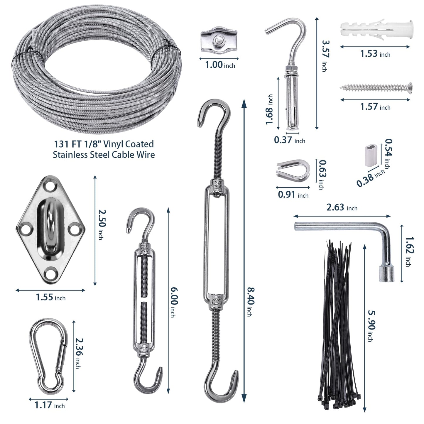 Unicaravan Shade Sail Hardware Kit 6 inch with 131FT 1/8" Wire Rope Kit for Triangle Rectangle Sun Shade Sail Outdoor Installation turnbuckles for Cables Wire for Outdoor,Garden,Kitchen,Craft,243PCS