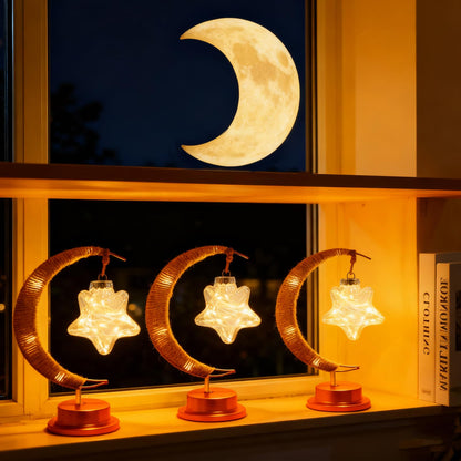 Taoushuleng Crescent Moon Table Light with Hanging Star Ramadan Decorative Atmosphere Lamp Battery Operated Suitable for Home Bedroom Shop Party Decoration (HGmoon-WW-Star)