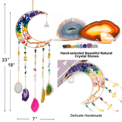 7 Chakra Crystal Wind Chimes, Moon Shaped Dream Catcher, Sun Catchers, Healing Crystal Decor, Reiki, Feng Shui Metal Art Wall Decor for Room, Bedroom, Home, Unique Gifts for Women for Good Luck