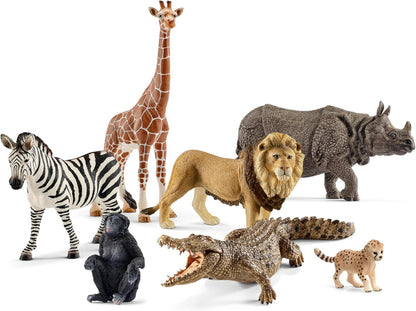 Schleich Wild Life - 7PC Savannah Animal Toy Bundle - Safari Toy Set with Rhino, Crocodile, Cheetah Cub, Monkey, Elephant, Zebra, Giraffe, Lion Figurines - Educational Play for Kids 3+ | 77587