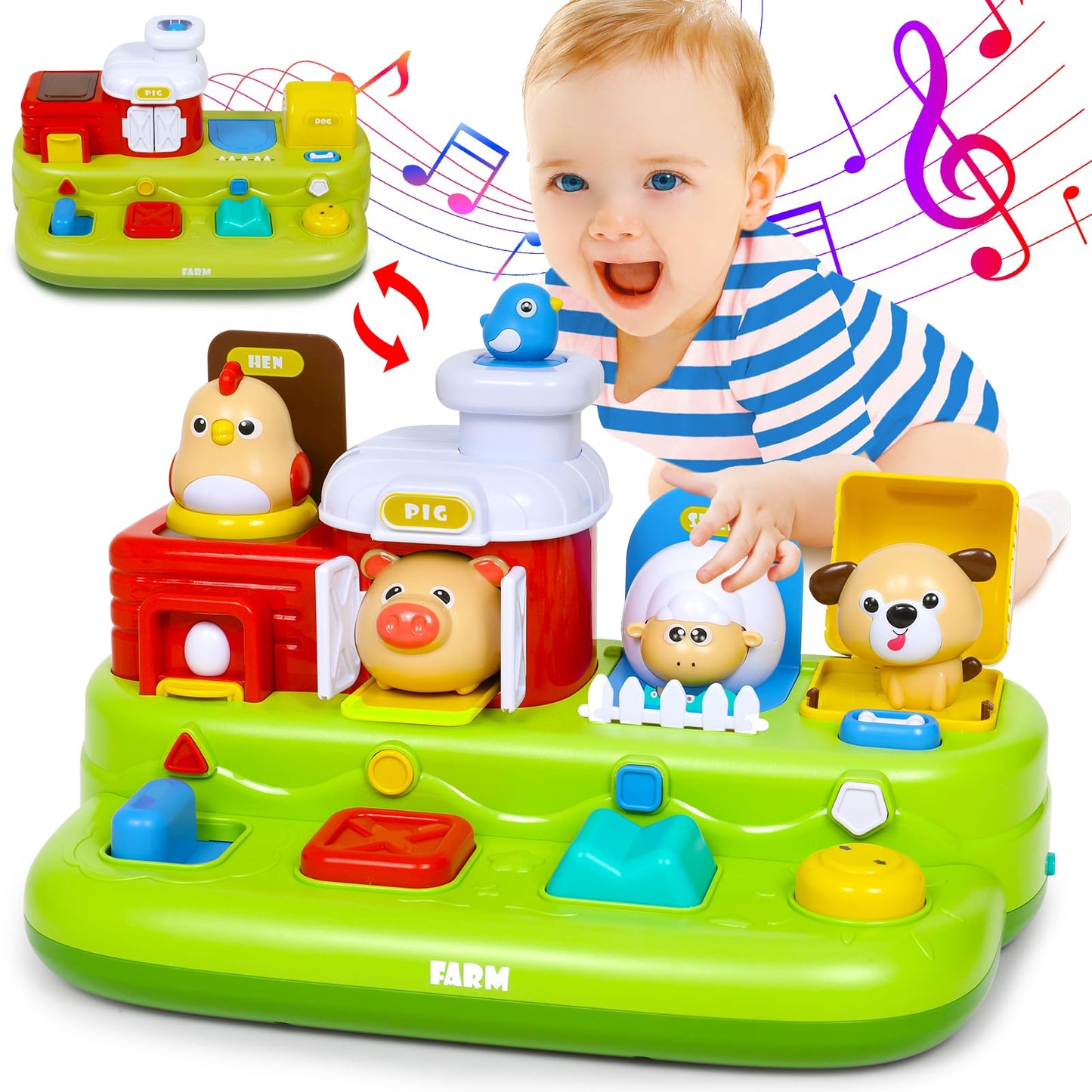 Vunrahsg Interactive Pop Farm Animal Up Toys with Music Sounds Montessori Cause and Effect for 1-3 Baby Boy Girl Early Educational Musical Baby Infant STEM Gift 12-18 Months Babies Birthday