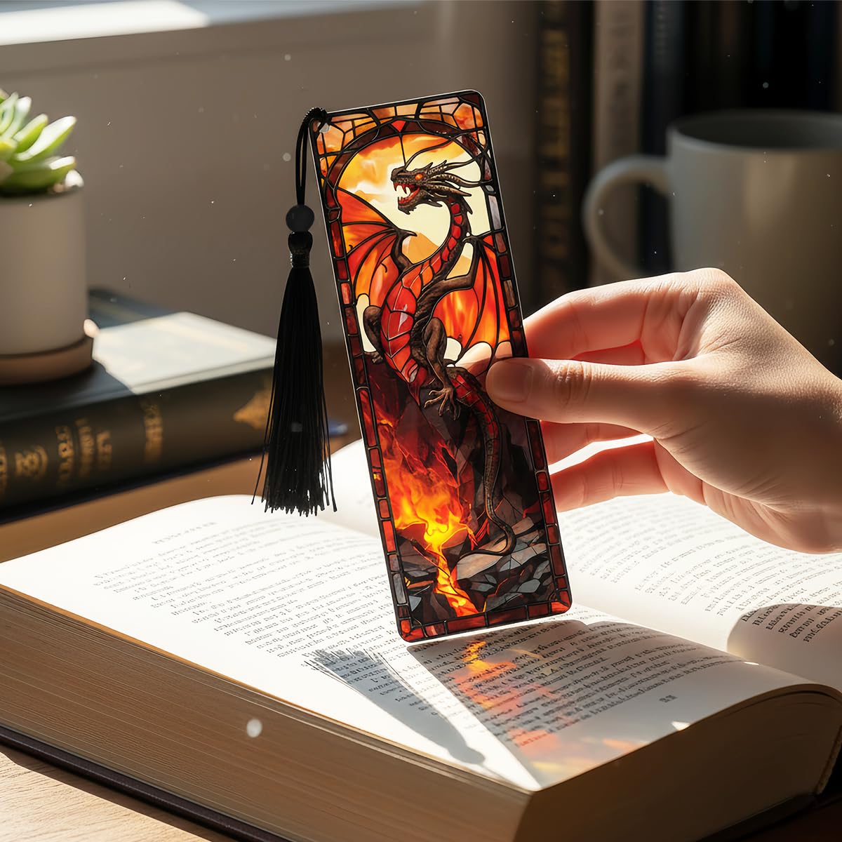 Zaamwoyy 4 Pcs Stained Glass Dragon Bookmarks Gifts for Women Men, Transparent PVC Bookmark with Tassels, Cool Book Lovers Accessories, Unique Reading Book Marks for Bookish Office School