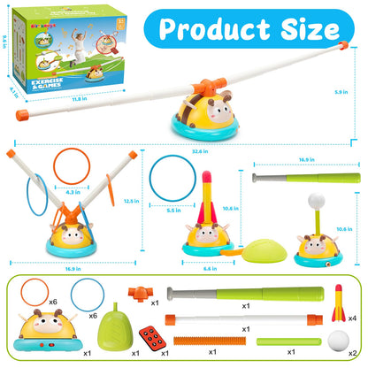 Birebebys Outdoor Toys for Kids 4-8, 4-in-1 Musical Jump Toy, Toss Ring & Baseball Game, Indside Outside Active Play Sports Toy for Toddlers Ages 3-5, for Boys Girls 3 4 5 6 7 8