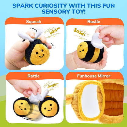 JoyCat Baby Toys 6-12 Months - Soft Baby Beehive with 5 Sensory Bees - Rattle, Crinkle Paper, Squeaker, Mirror, Busy Montessori Soft Toys for Toddlers 0-3 Years Old - Baby Easter Basket Stuffers Gift