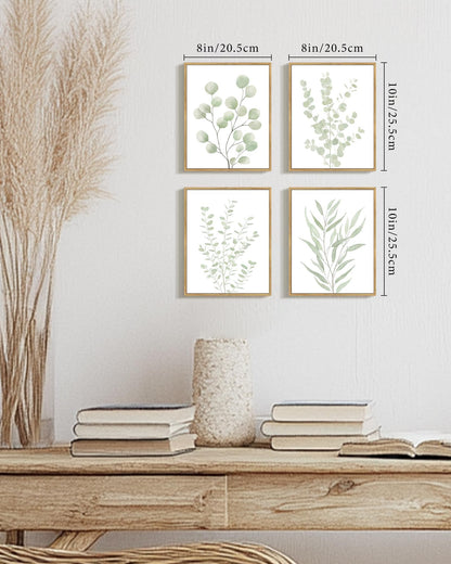 Drsoum Botanical Plant Framed Wall Art Boho Wall Decor for Bathroom Sage Green Eucalyptus Leaf Prints Minimalist Aesthetic Ready to Hang Set of 4, 8x10 in (Natural Framed)
