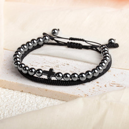 LPBeads 6mm Hematite Cross Bracelet with Handmade Rope Bracelet Size Adjustable Natural Stone Crystal Healing Bracelets Gifts for Unisex Adults